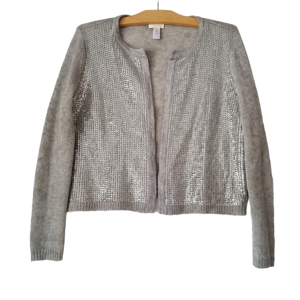 Chico's Women's 1 Open Front Cardigan Sweater Sequence Wool Blend Gray